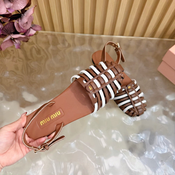 Miu Fisherman Sandal Brown White in Cowhide 749064