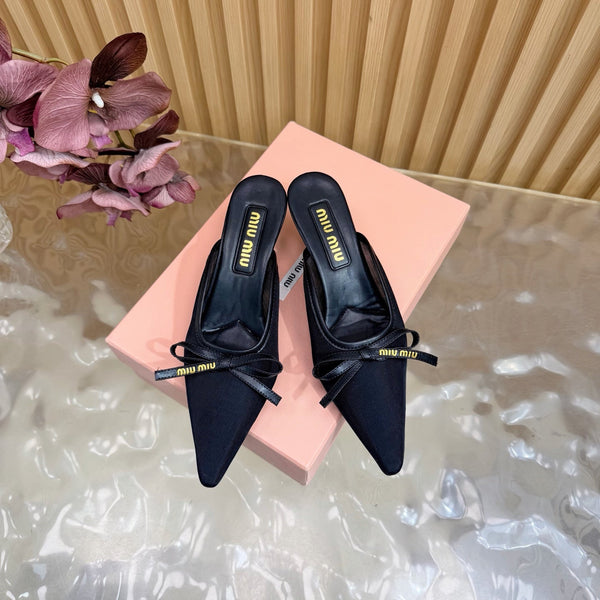 Miu Mules Pointed-Toe High Heels 55 Black in Mesh 749066