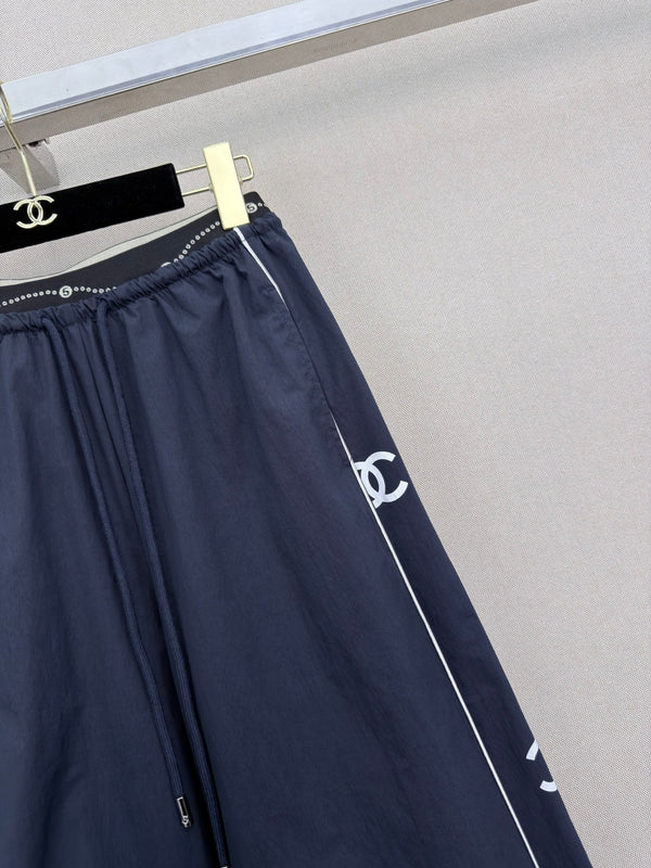 CC Double C Logo Printed Wide-leg Pants Navy Blue in Nylon 379604
