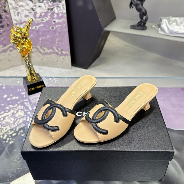 CC Double C Logo Kitten Heel 25mm Sandals Beige in Leather 757853