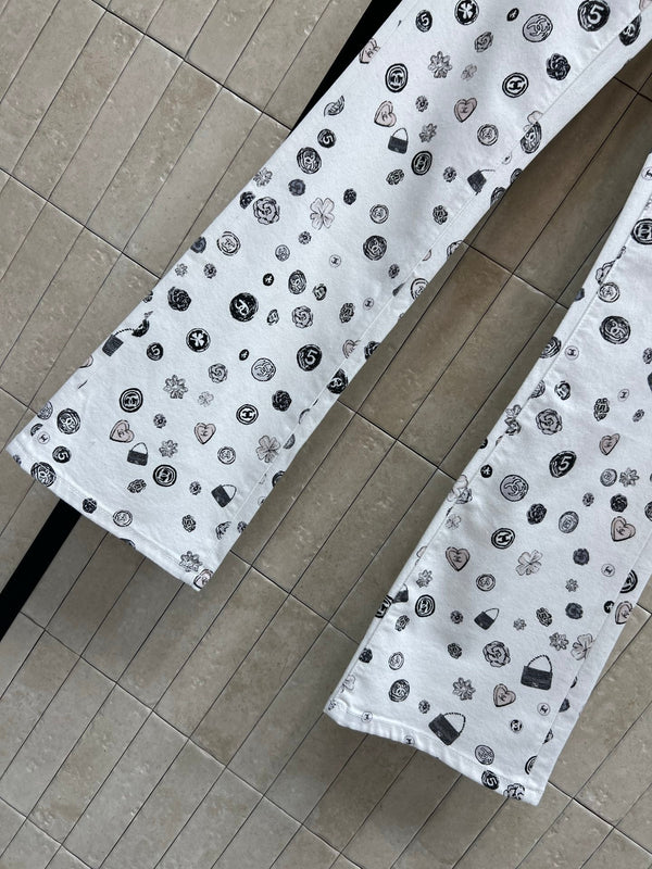 CC 26 Printed Flared Trousers White in Cotton 380161