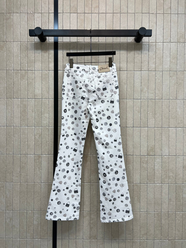 CC 26 Printed Flared Trousers White in Cotton 380161