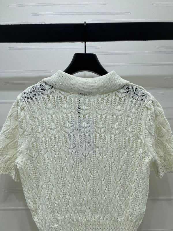 CC 26 Openwork Knit Short-Sleeve Top White in Wool Knitwear 380814