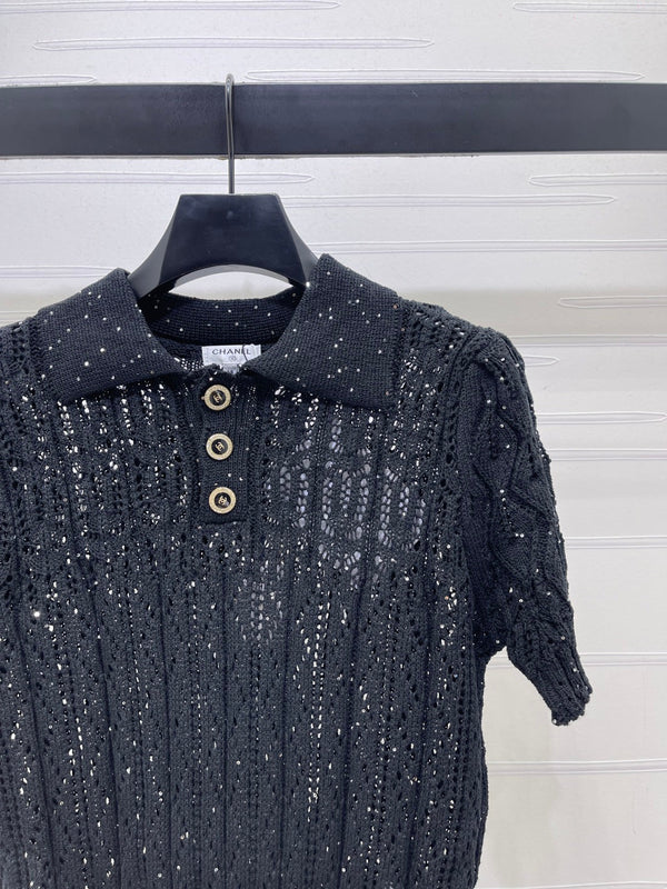 CC 26 Openwork Knit Short-Sleeve Top Black in Wool Knitwear 380813