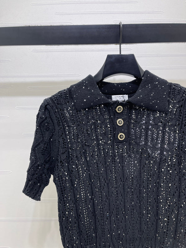 CC 26 Openwork Knit Short-Sleeve Top Black in Wool Knitwear 380813