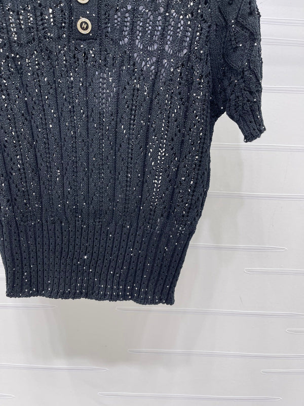 CC 26 Openwork Knit Short-Sleeve Top Black in Wool Knitwear 380813