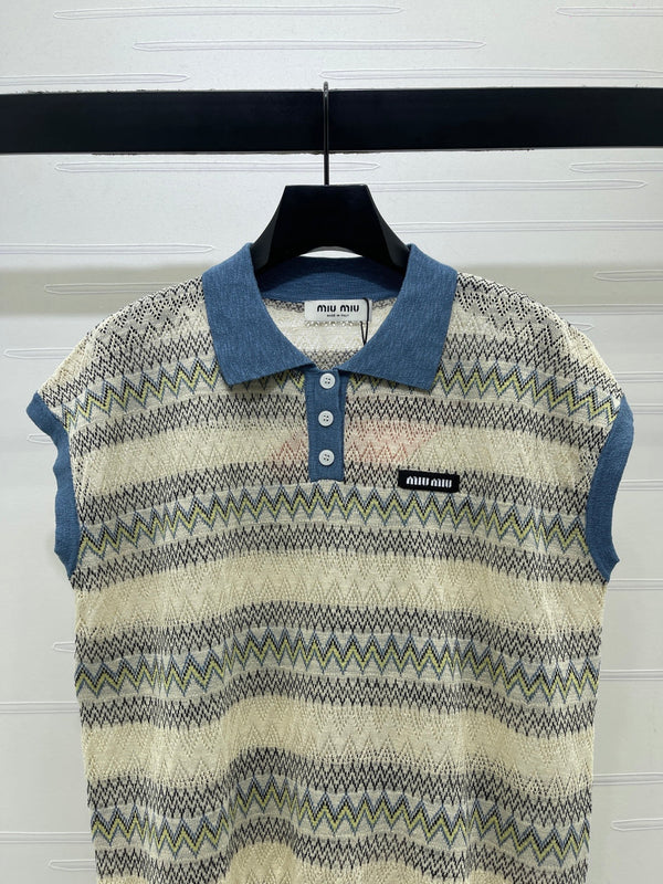 Miu 26 Hollow-out Striped Collared Knit Vest Beige Blue in Wool 380769