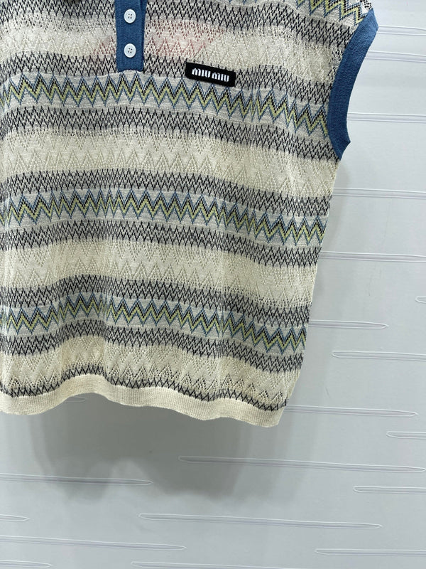 Miu 26 Hollow-out Striped Collared Knit Vest Beige Blue in Wool 380769