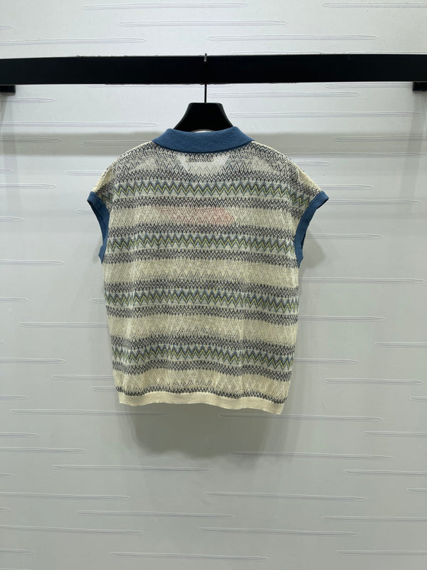 Miu 26 Hollow-out Striped Collared Knit Vest Beige Blue in Wool 380769