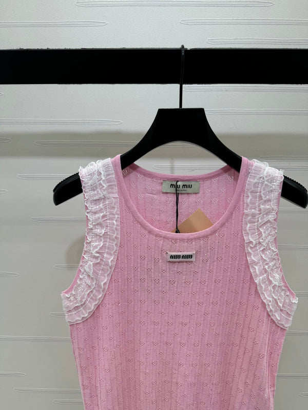 Miu 26 Lace-Neck Knit Vest Pink in Tencel 382103