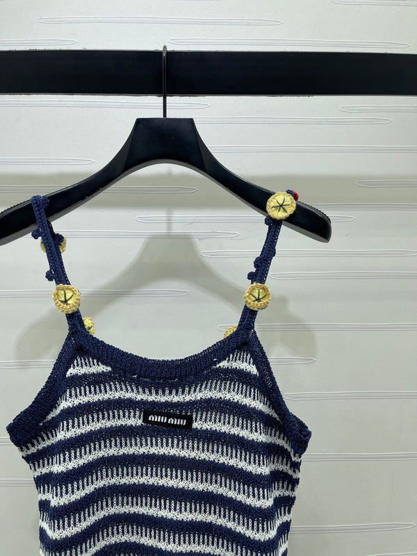 Miu 26 Crochet Striped Camisole Knit Vest Black in Wool 382058