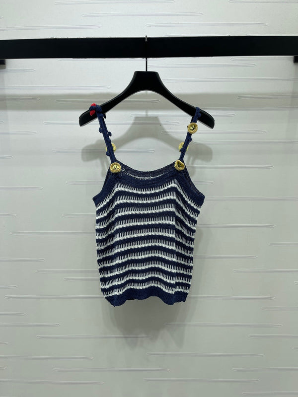 Miu 26 Crochet Striped Camisole Knit Vest Black in Wool 382058