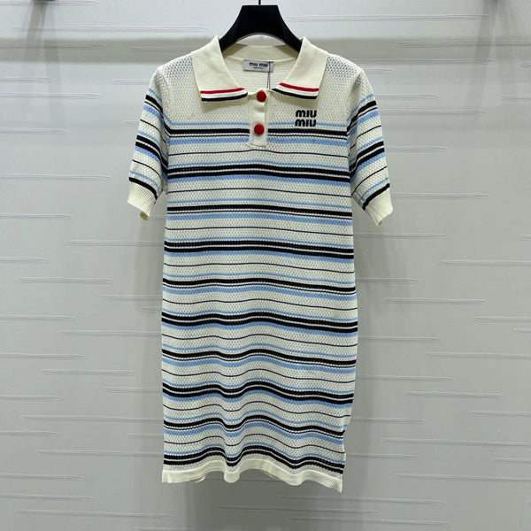 Miu 26 Striped Knit Short-sleeved Dress with a Lapel Collar Cream Blue in Wool