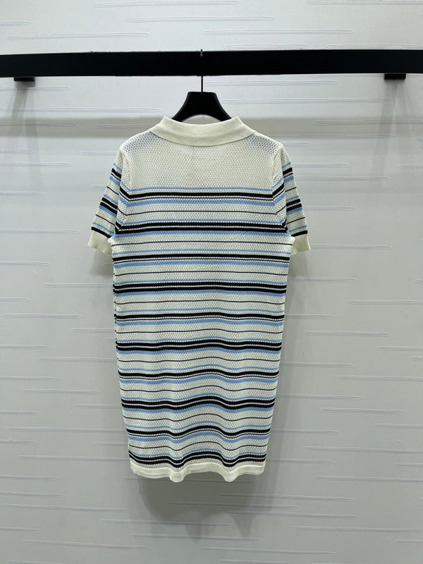 Miu 26 Striped Knit Short-sleeved Dress with a Lapel Collar Cream Blue in Wool
