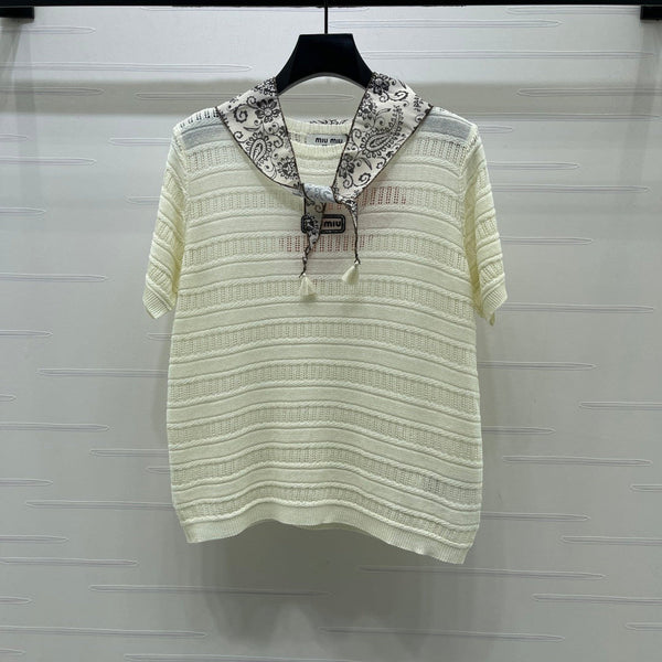 Miu 26 Crew Neck Knit Short-Sleeve T-Shirt with Scarf Design Cream in Wool