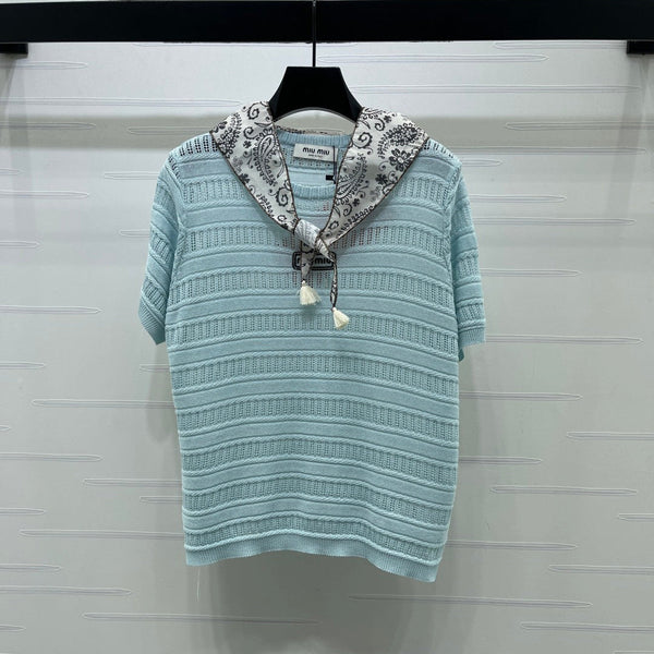 Miu 26 Crew Neck Knit Short-Sleeve T-Shirt with Scarf Design Blue in Wool