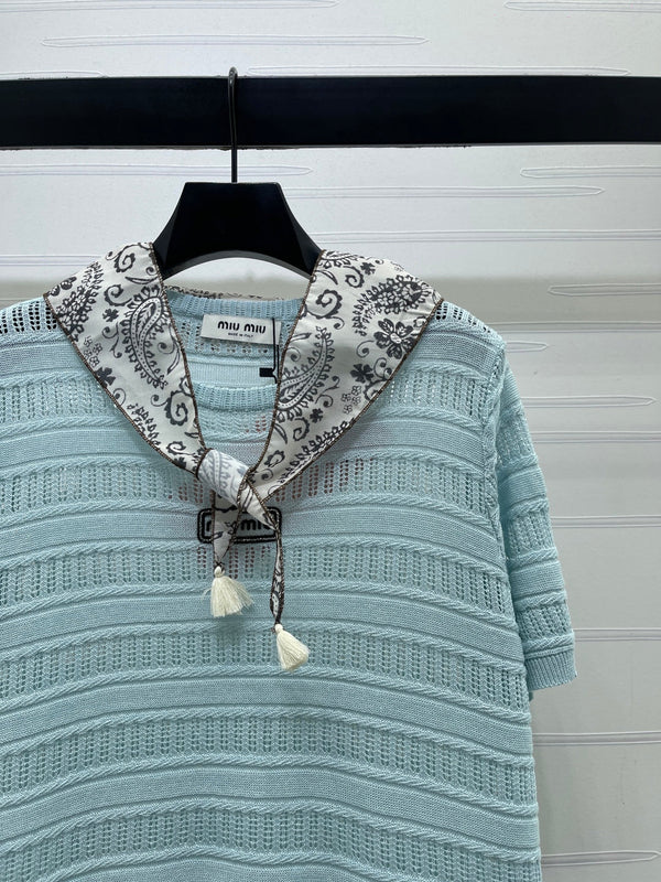 Miu 26 Crew Neck Knit Short-Sleeve T-Shirt with Scarf Design Blue in Wool