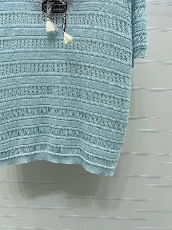 Miu 26 Crew Neck Knit Short-Sleeve T-Shirt with Scarf Design Blue in Wool