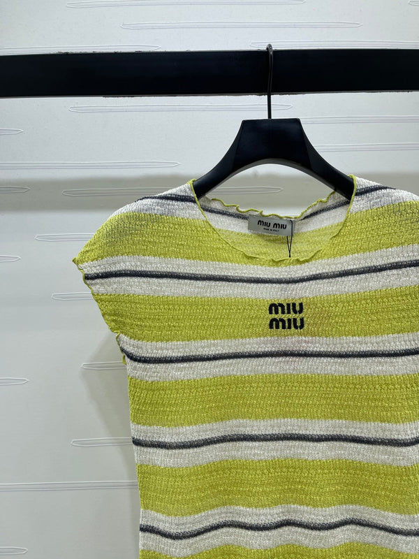 Miu 26 Color-blocked Striped Short-sleeved Top Green in Acrylic 380669
