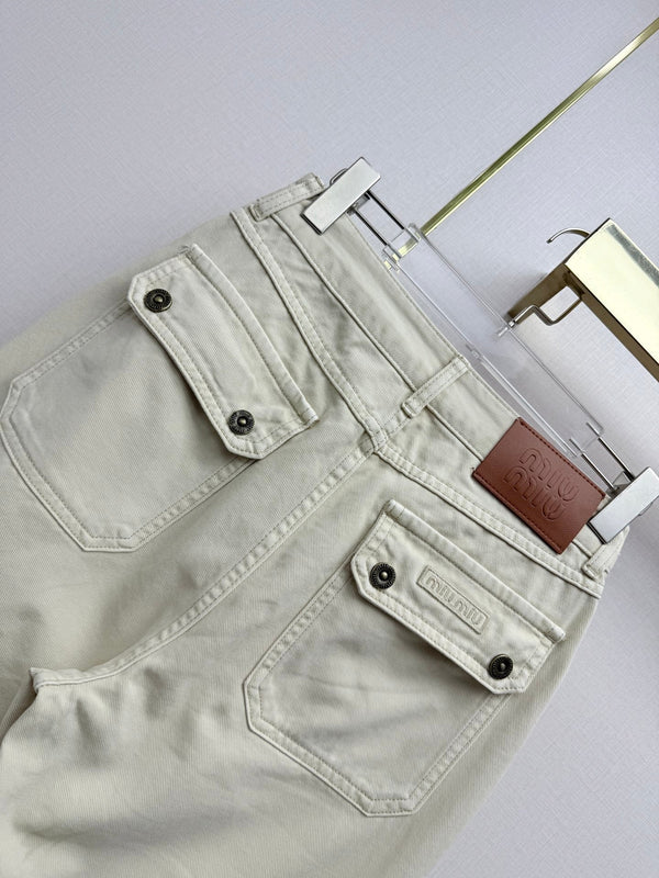 Miu 26 Wide-leg Denim Pants Cream in Cotton 380470