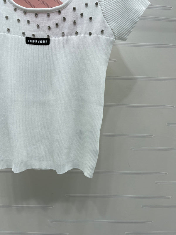 Miu 26 U-Neck Short-Sleeve Top White in Wool 375885