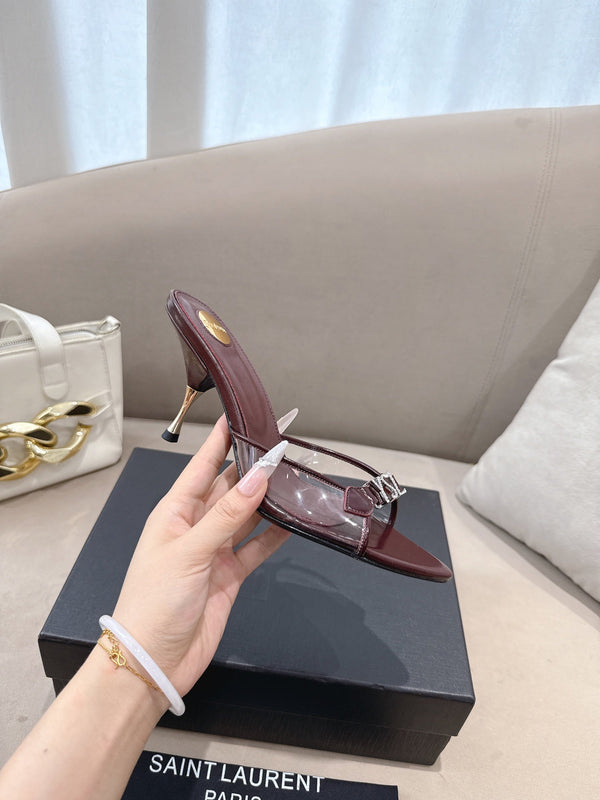 YSL High-heels 80mm Transparent Sandals Burgundy in Leather 771713