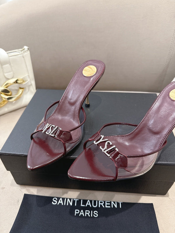 YSL High-heels 80mm Transparent Sandals Burgundy in Leather 771713