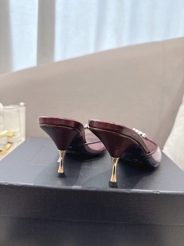 YSL High-heels 80mm Transparent Sandals Burgundy in Leather 771713