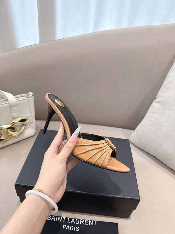 YSL Babylone Mules 90mm Light Brown in Supple Leather 771704