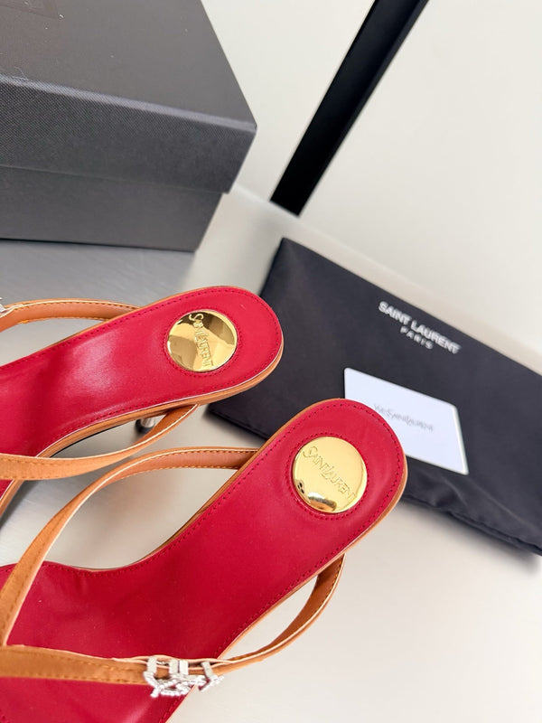 YSL Metal Heel 75mm with Side Rhinestone Buckle Logo Orange in Silk 784728