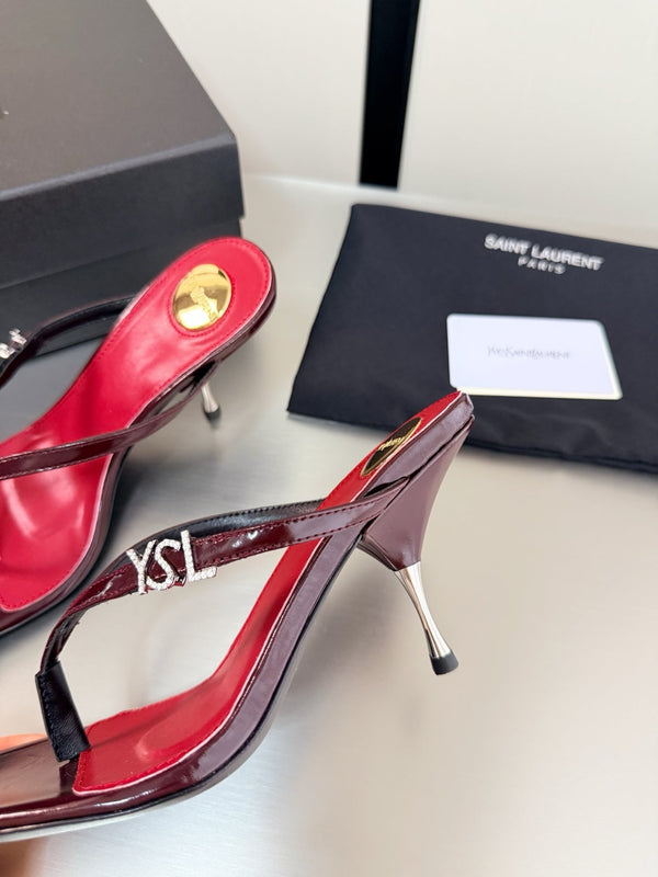 YSL Metal Heel 75mm with Side Rhinestone Buckle Logo Burgundy in Cowhide 784724