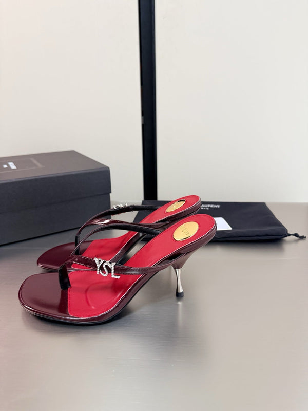 YSL Metal Heel 75mm with Side Rhinestone Buckle Logo Burgundy in Cowhide 784724