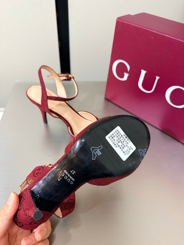 GG Buckle Stiletto Round Toe Heel Height 85mm Burgundy in Monogram 784462
