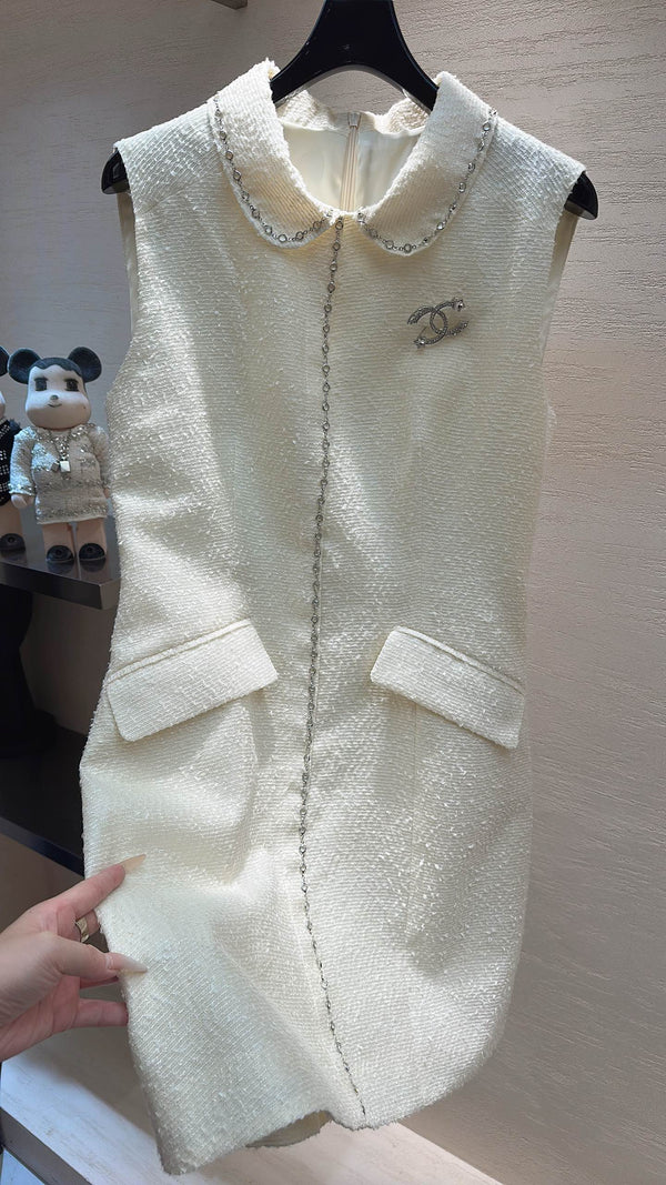 CC Moonlight White Diamond-Embellished Vest Dress in Tweed