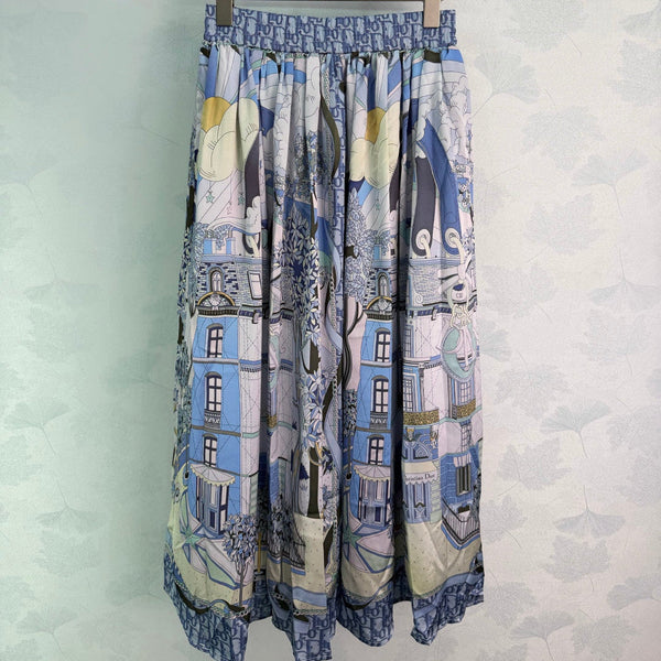 CD 26 Printed Elastic Waist Midi Skirt Blue in Polyester