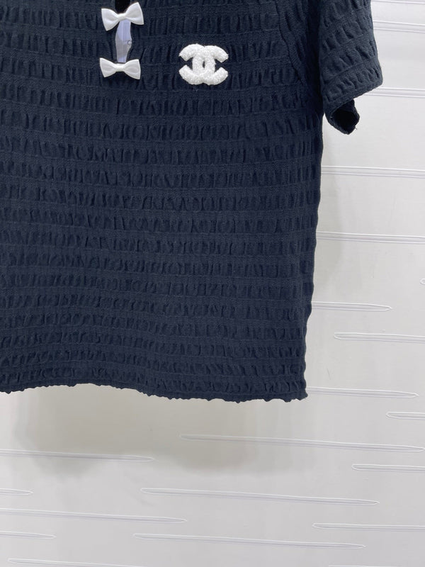 CC Bow-Tie Round Neck Knit Short-Sleeve Dress Set  Navy Blue in Viscose 387004
