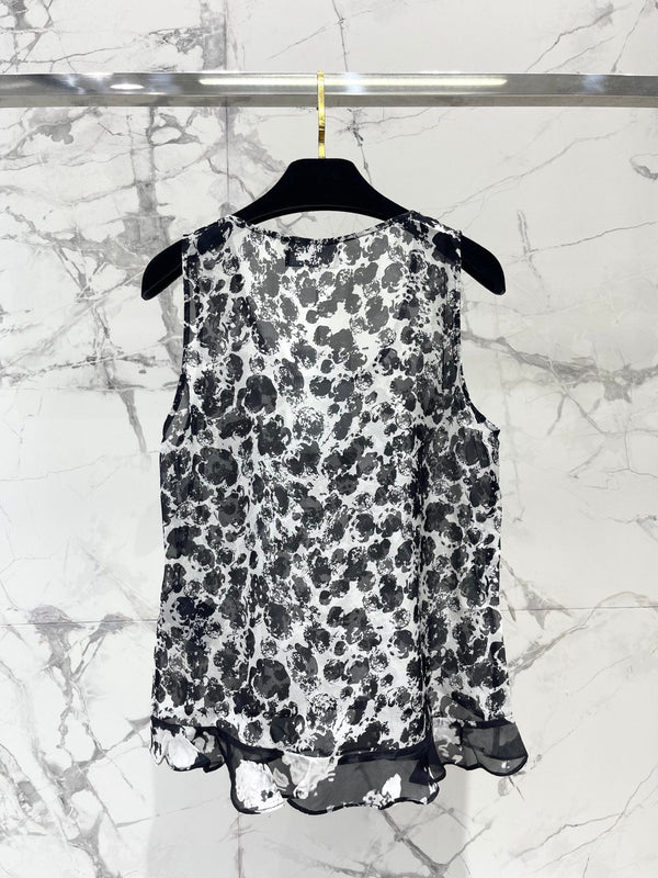 CC Black and White Ink Floral Print Sleeveless Vest in Acetate 387325