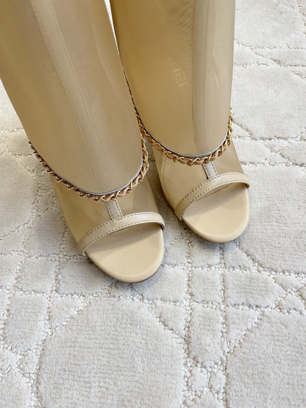 CC 26 Boots High-Heeled 95mm with Chain Beige in Mesh 808104