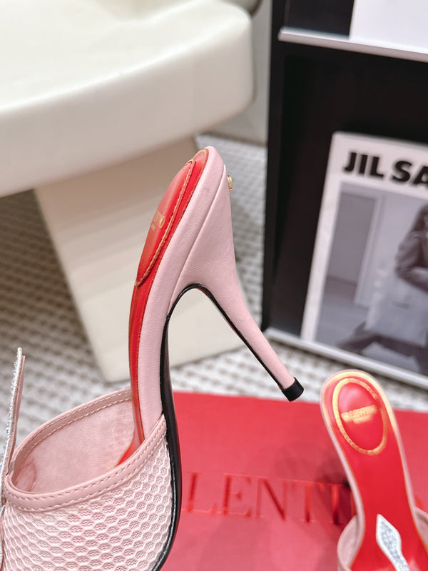 VL 26 Pointed Toe Rhinestone Buckle Sandals 10cm Light Pink in Mesh 813050