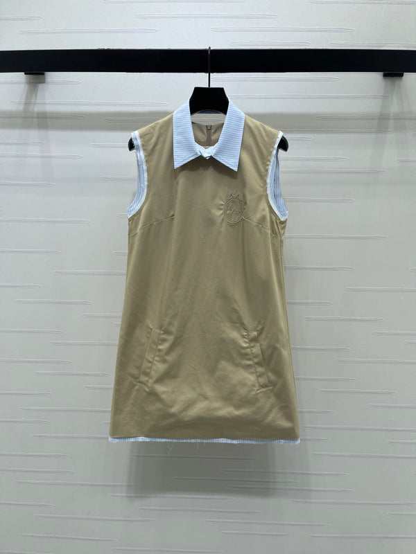 CD Color-Blocked Striped Collared Sleeveless Dress Cotton 392608
