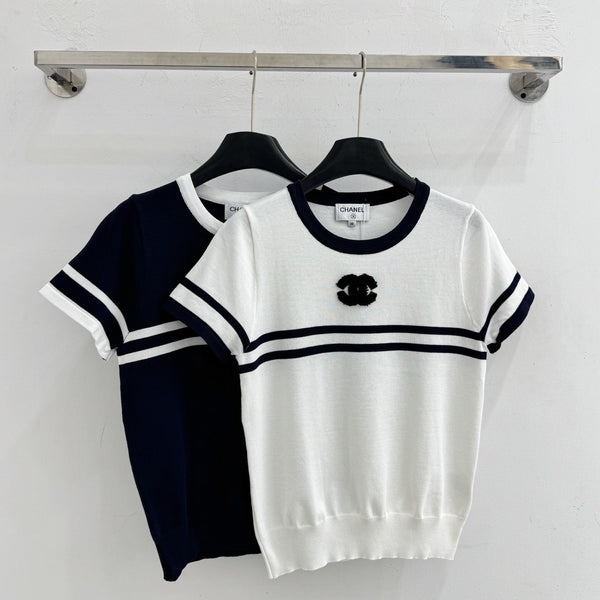 CC 2026 Striped Short-Sleeve Knit Top Wool Cashmere 516694