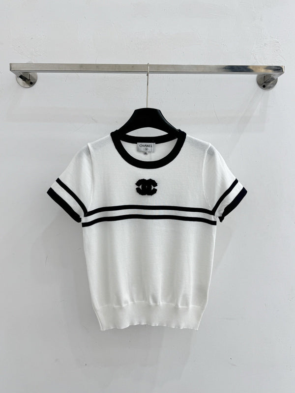 CC 2026 Striped Short-Sleeve Knit Top Wool Cashmere 516694