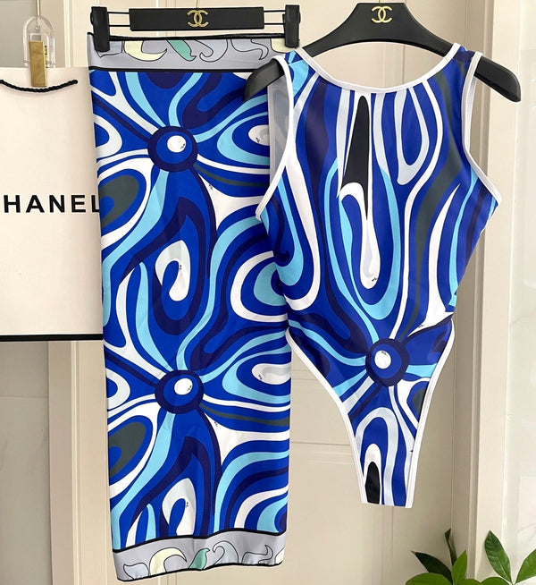 Pucci Printed One-Piece Blue Swimsuit Cotton Blend 149643