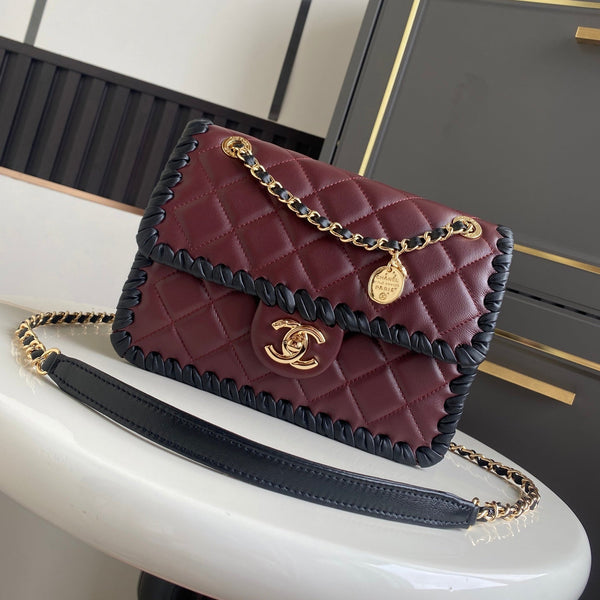 CC Flap Bag 22cm Burgundy Lambskin with Black Braided Trim