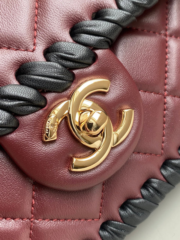 CC Flap Bag 22cm Burgundy Lambskin with Black Braided Trim