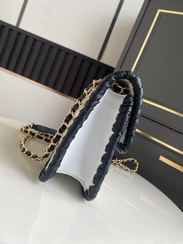 CC Flap Bag 15cm White Lambskin with Black Braided Trim