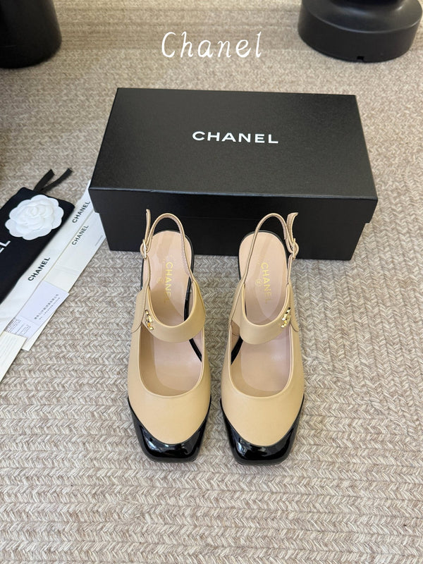 CC 26S Square-Toe Mary Jane Slingback Pumps Beige Black Lambskin 835675