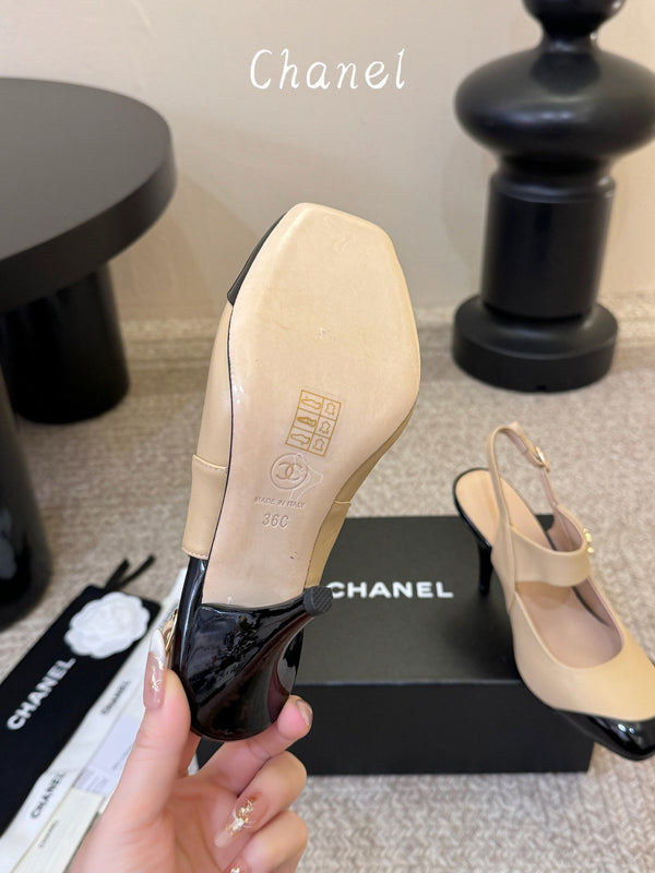 CC 26S Square-Toe Mary Jane Slingback Pumps Beige Black Lambskin 835675