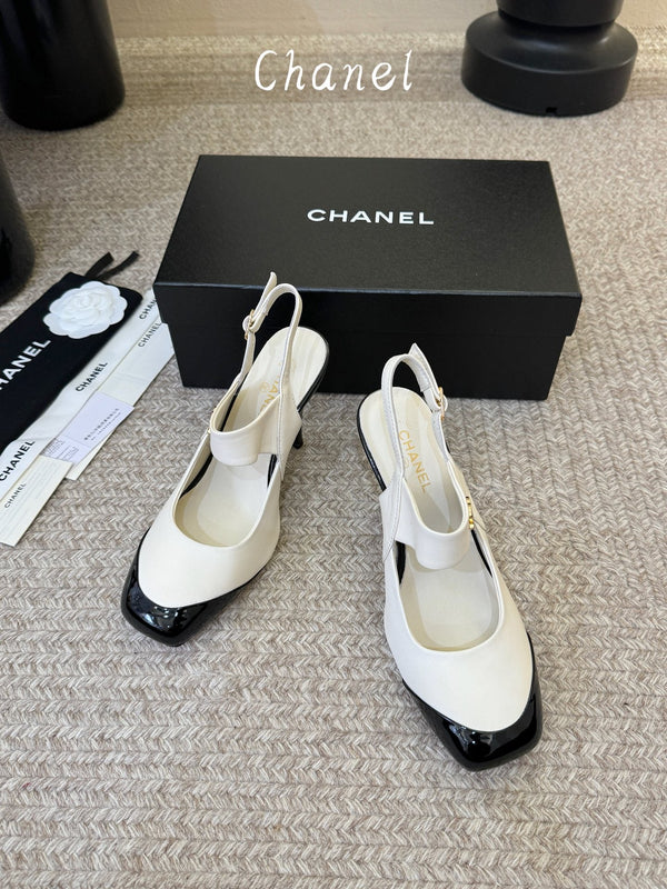 CC 26S Square-Toe Mary Jane Slingback Pumps White Black Lambskin 835674