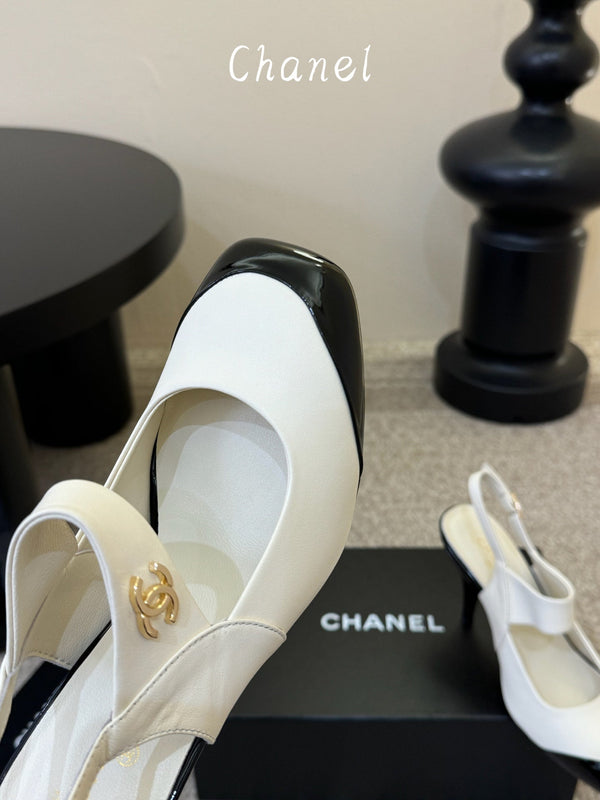 CC 26S Square-Toe Mary Jane Slingback Pumps White Black Lambskin 835674